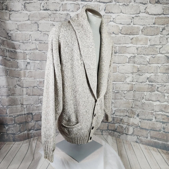 Vintage Wool  Blend Shawl Collar Grampa Cardigan Cream Brown Heather Size Large - Picture 9 of 13